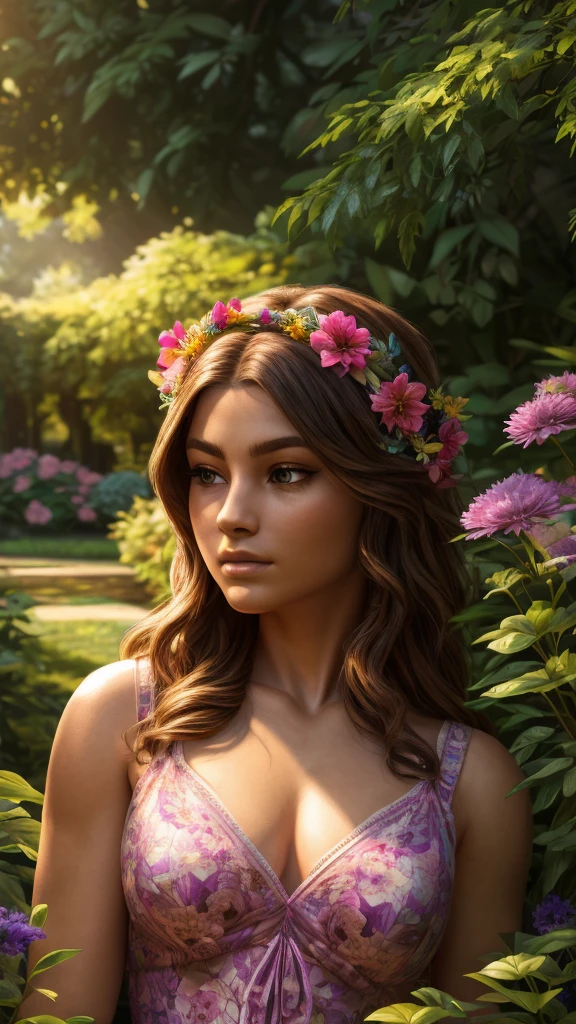 a beautiful girl in a garden, underwear, with flowers in her hair, sunlight filtering through the trees, serene and peaceful atmosphere, (best quality,4k,8k,highres,masterpiece:1.2),ultra-detailed,(realistic,photorealistic,photo-realistic:1.37),detailed eyes,detailed nose,detailed lips,long eyelashes,intricate floral patterns,vibrant colors,dramatic lighting,cinematic composition