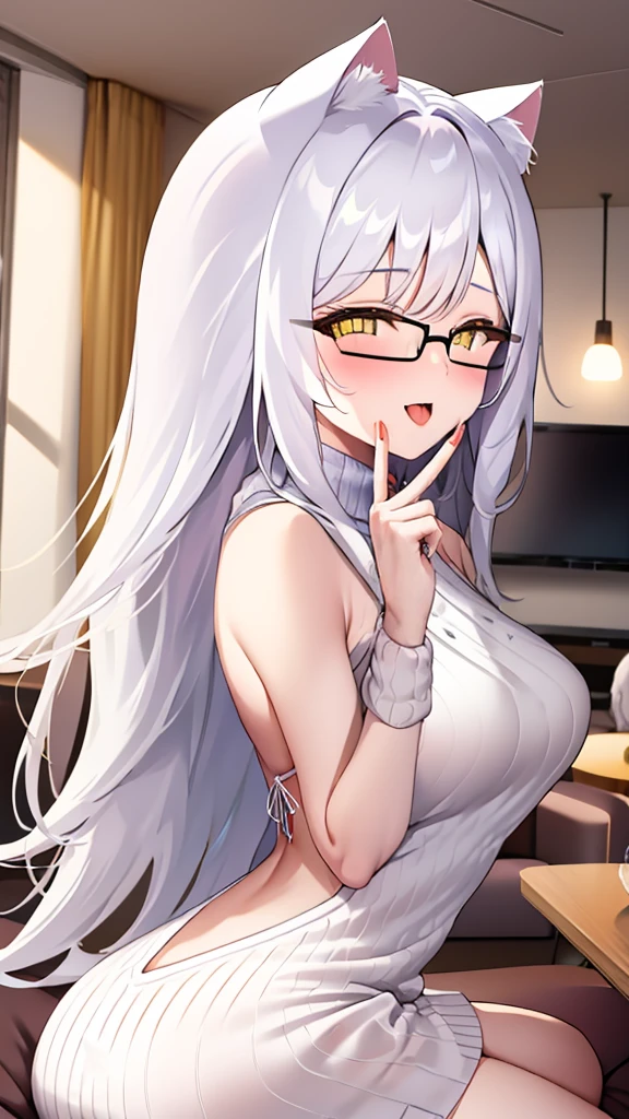 A 20-year-old female angel with long hair, white hair, yellow eyes, cat ears, breasts, and white angel wings. A glowing yellow halo ring overhead. Wear round glasses (White halter turtleneck sweater, white purekiller sweater, sleeveless, sexy backless sweater, white dress) white arm warmers Open mouth, stick out tongue, living room, sit on sofa