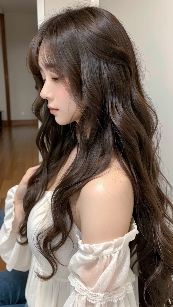 realistic light,natural light,white background,top quality、8 thousand、32,000、masterpiece、UHD:1.2)、photo of korean woman,small eyes,코리안 hippie perm헤어、dark brown hair、upper part of the body、from above、wavy hair,profile,long hair,pair of,wet hair,good hair,multi-layered hair,layer cut hair,perm hair,wave perm,Jelly perm,hippie perm,wavy hair,Abundant hair,wave wave、黒ブラウス