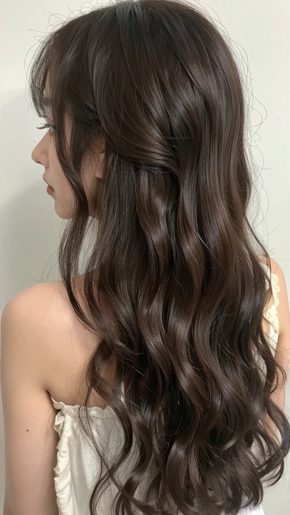 realistic light,natural light,white background,top quality、8 thousand、32,000、masterpiece、UHD:1.2)、photo of korean woman,small eyes,코리안 hippie perm헤어、dark brown hair、upper part of the body、from above、wavy hair,profile,long hair,pair of,wet hair,good hair,multi-layered hair,layer cut hair,perm hair,wave perm,Jelly perm,hippie perm,wavy hair,Abundant hair,wave wave、黒ブラウス