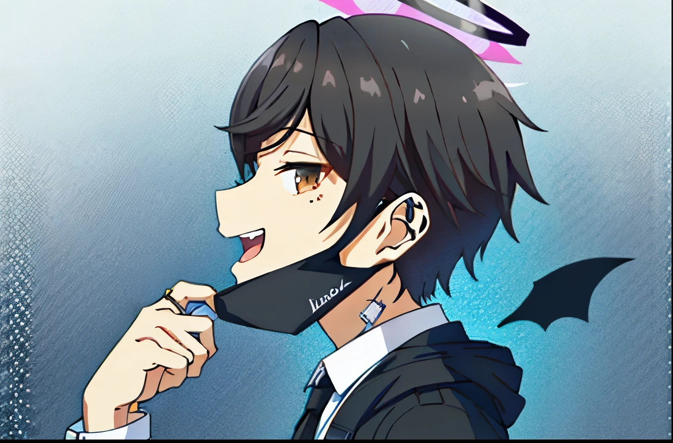 When you look at the viewer, smile, open mouth, from the side, mask, ring, halftone background, clock, mouth mask, watch, vampire, mask pull, 1 boy, halo, short hair, single blade, uniform, black hoodie, black collar, long sleeve, white tie