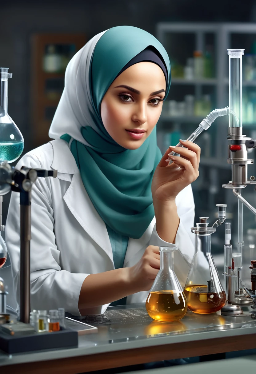 masterpiece, high quality image, 8k, realistic image, In the laboratory, there is a beautiful scientish with a simple hijab doing experiments 