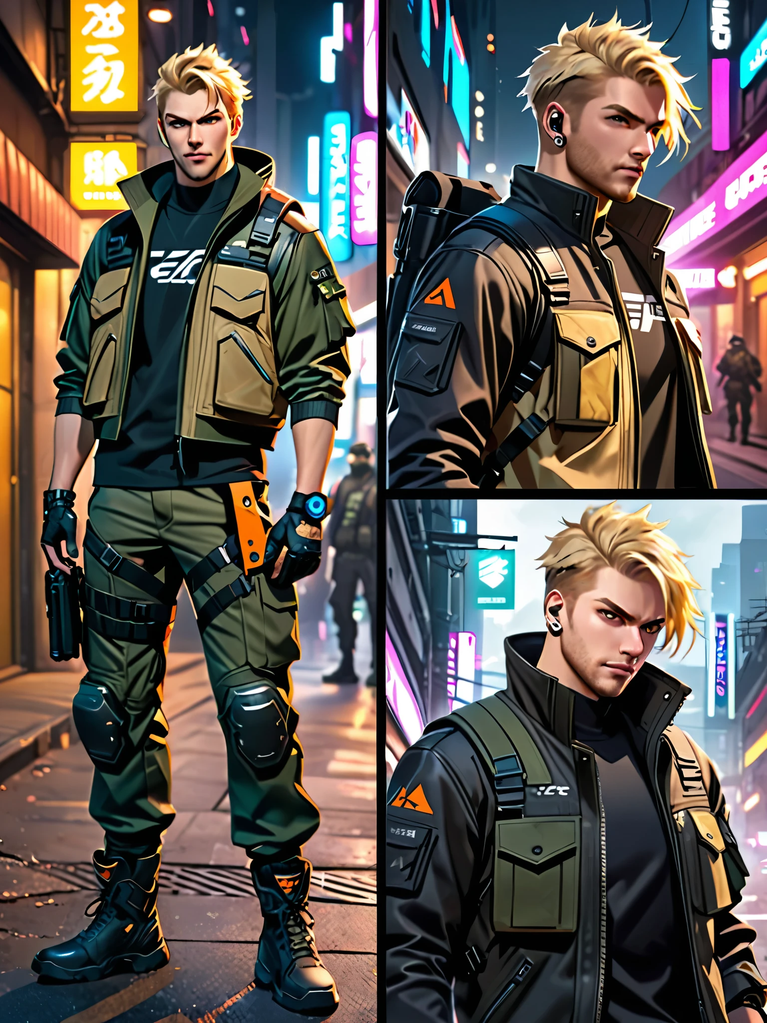 1male, blond-haired man in military uniform, cyberpunk street goon, hyper-realistic cyberpunk style, jetstream sam from metal gear, techwear look and clothes, cyberpunk streetwear, cyberpunk soldier, young blonde boy fantasy thief, soldier outfit, wearing techwear and armor, wearing japanese techwear, soldier 7 6 from overwatch, wearing cyberpunk streetwear, green eyes. ((Character Sheet Full-Length)). ((Solo, solo focus)).