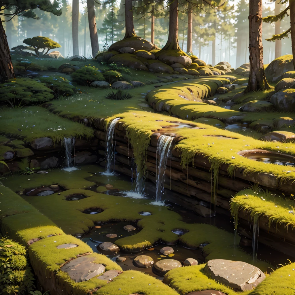 a large thick pipe covered with moss and plants on a rocky area with grass