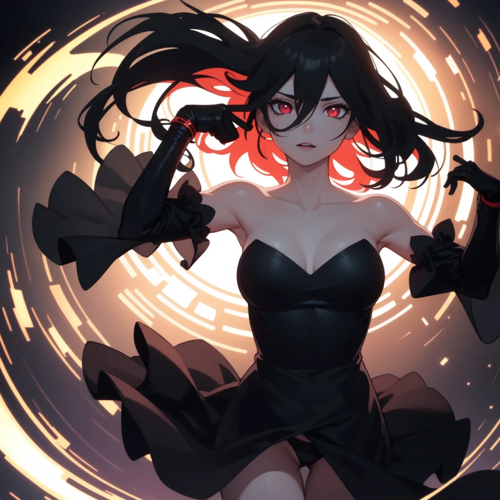 (masterpiece, Best quality, ultra detailed, best shadow), (detailed background,dark fantasy), (beautiful detailed face), high contrast, (Better lighting, very gentle and beautiful), ((cinematic light)), colorful, hyperdetailing, (1 girl, black hair, Sharp face, Red eyes, hair between eyes, Dynamic angle), (swirling black light around the character:1.5), depth of field, Black light particles, vampire, character stands on the water, without tights, black dress, bare shoulders, black gloves, black panties, hands on the back of the head, armpits