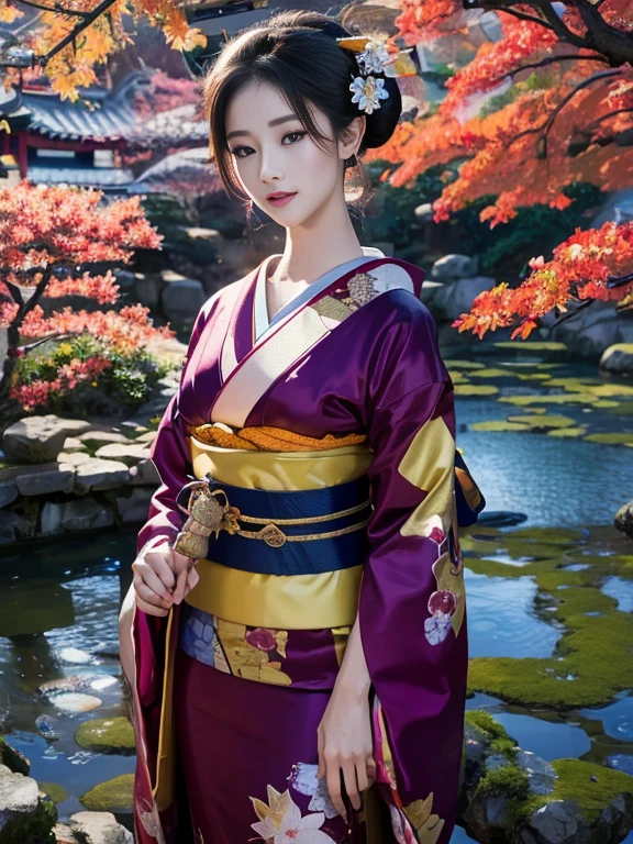 (Highest quality、 8k 、masterpiece、High resolution)、 Japanese painting、Vibrant colors、A woman wearing a kimono、Ample breasts、(Highly detailed face and eyes,Beautiful Face,Beautiful Eyes,Beautiful nose,Pretty lips)、Dynamic painting technique、Japanese garden、Autumn scenery、autumn leaves、Night Sky、moonlight、Detailed Description、