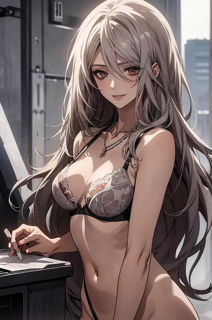 (Highest quality, High resolution, Very detailed), Silver Hair, Long Hair, Reddish brown eyes, lace thong bra, NUDE, Large Breasts, Perfect Makeup, necklace, 24th generation, Beautiful woman, mature, quiet, Calm, A small smile, office, 