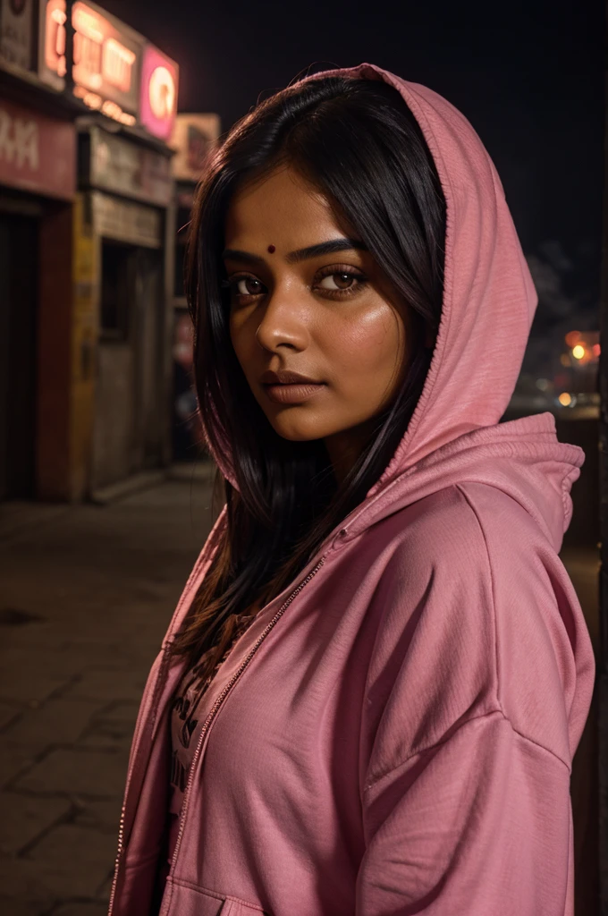 closeup portrait of indian woman log pink colour hoodie, dystopian street background, (smoke), detailed, cinematic composition, intricate details, highly detailed, fire, at night