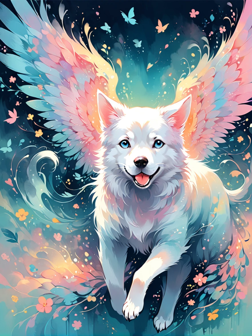 A whimsical digital illustration of a dog with majestic wings, painted in beautiful pastel shades. The cat is captured in mid-flight, lending a sense of movement to the image. The brushstrokes are vibrant yet soft, carefully blended to create a dreamy and fantasy-inspired ambiance.