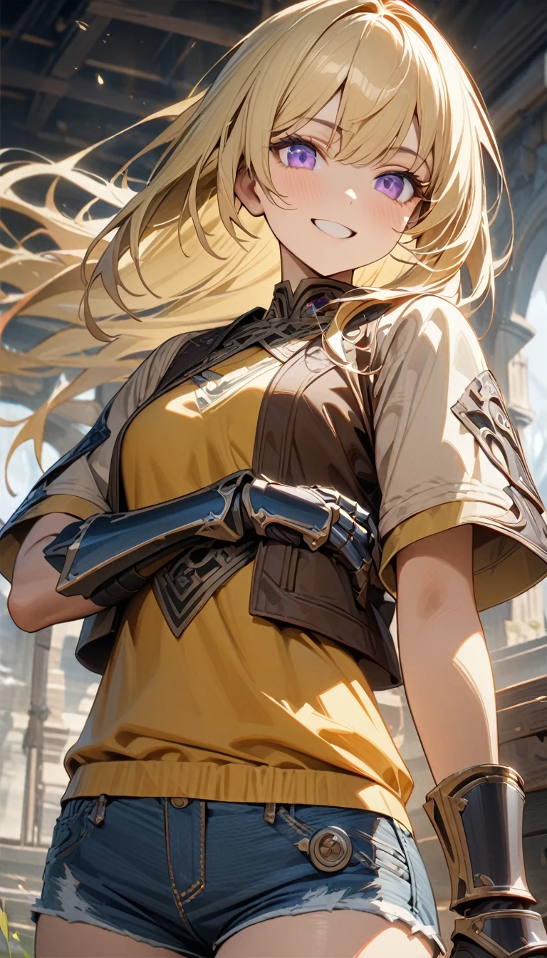 Adult girl, long blonde hair, purple eyes, smile, light brown jacket, short sleeves, yellow tank top, open belly, jeans shorts, battle gauntlets, Yang Shao Long, Masterpiece, best quality, Full HD, 8k, ultra details, great graphic