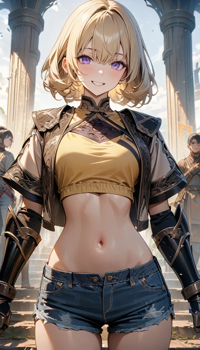 Adult girl, long blonde hair, purple eyes, smile, light brown jacket, short sleeves, yellow tank top, open belly, jeans shorts, battle gauntlets, Yang Shao Long, Masterpiece, best quality, Full HD, 8k, ultra details, great graphic