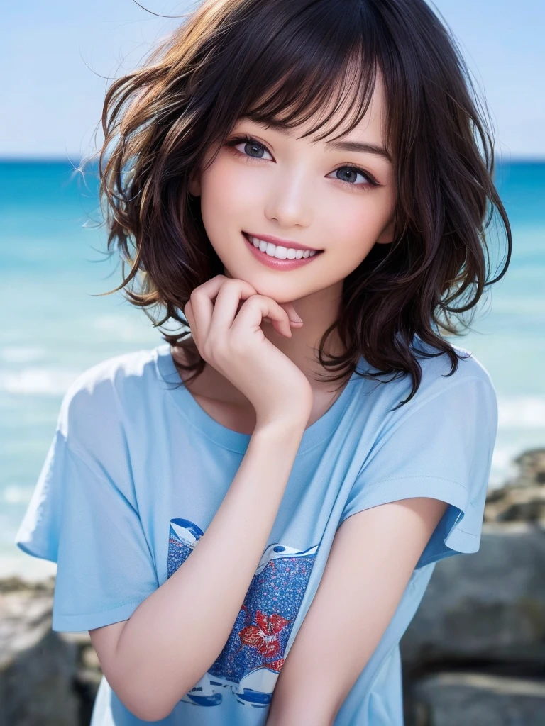 (Highest quality、8k、32K、masterpiece)、(Realistic)、(Realistic:1.2)、(High resolution)、Very detailed、Very beautiful face and eyes、1 girl、Round and small face、Tight waist、Delicate body、(Highest quality、Attention to detail、Rich skin detail)、(Realistic、Realistic:1.37)、Bright colors、(((One female)))、(((Cowboy Shot)))、(((Wide blue sky)))、(((Medium Hair)))、(((Fair skin)))、(((seaside resorts)))、(((smile)))、(((Teeth are visible)))、(((Wear a T-shirt)))、(((Touch your chin with your right hand)))、(((Light blue T-shirt)))、(((Clothes with English print)))、(((I can see the horizon)))