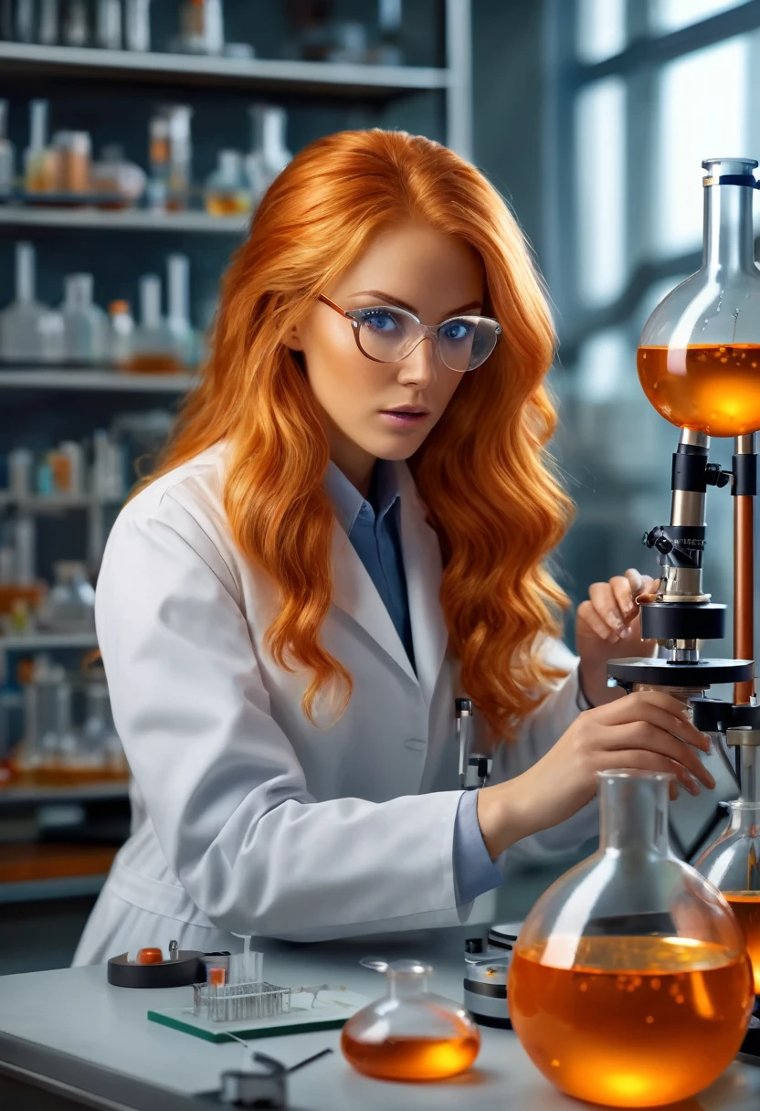 sexy red hair young scientist woman in a laboratory with electric devices and chemical test tubes in steampunk style,