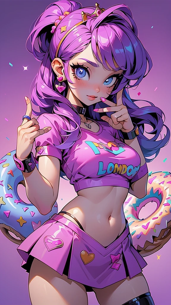 (La Best Quality,A high resolution,Ultra - detailed,actual),Ariana Grande in a purple skirt and a pink top in an alley , Violet Myers, Alex Yanes and Lisa Frank, Lisa Frank Style, sweet girl, purple outfit, beautiful dolphin, Lisa - Frank, promotion still, hot teen girl, Leslie David y Lisa Frank, In the style of Lisa Frank, In a Lisa Frank art style, posing in leotard and tiara, More detailed 8K.unreal engine:1.4,UHD,La Best Quality:1.4, photorealistic:1.4, skin texture:1.4, masterpiece:1.8,first work, Best Quality,object object], (detailed face features:1.3),(The correct proportions),(Beautiful blue eyes),  (cowboy pose), (fingers detailed :1.4), (giant donuts background, giant sweets :1.4) 