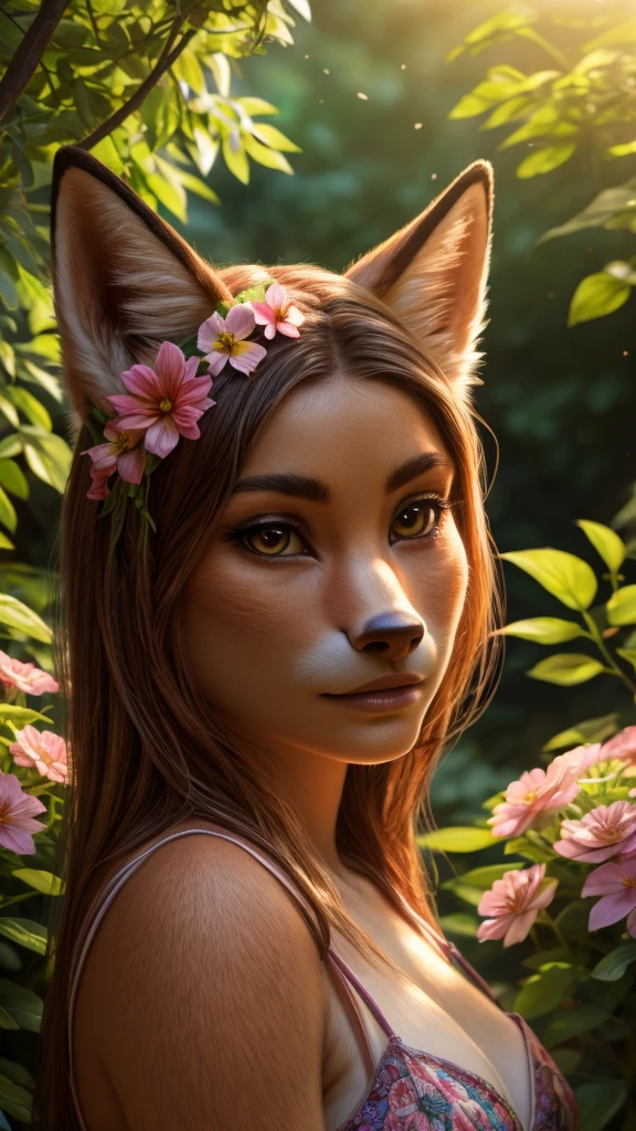 a beautiful fox girl in a garden, underwear, with flowers in her hair, sunlight filtering through the trees, serene and peaceful atmosphere, (best quality,4k,8k,highres,masterpiece:1.2),ultra-detailed,(realistic,photorealistic,photo-realistic:1.37),detailed eyes,detailed nose,detailed lips,long eyelashes,intricate floral patterns,vibrant colors,dramatic lighting,cinematic composition