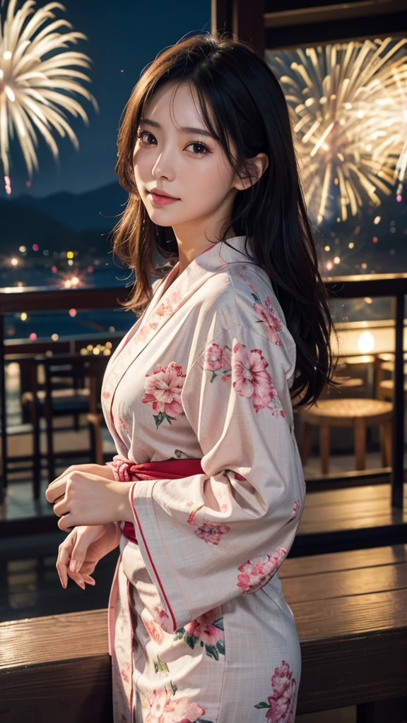 masterpiece, Highest quality, 8k、Detailed face、Beautiful woman、firework、yukata