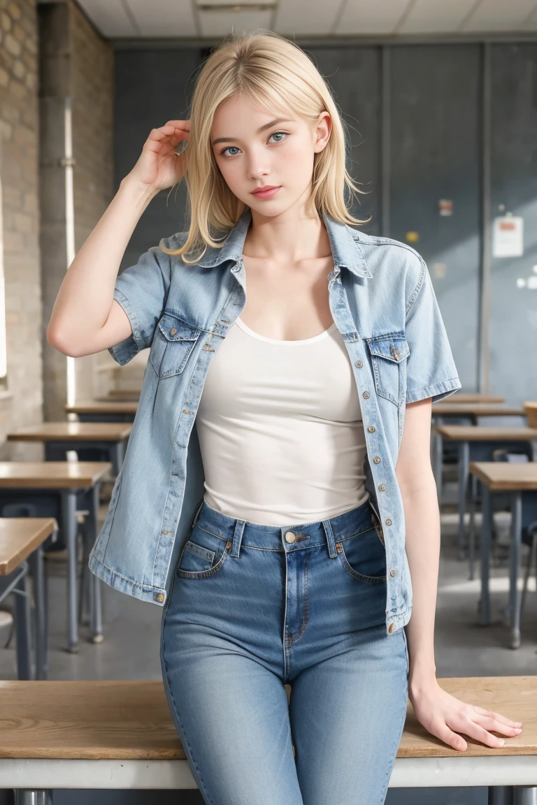 une femmes blonde de 18 ans sexy et mince , short sleeve veste en jean, salle de classe, se touche,position sey,sensuel