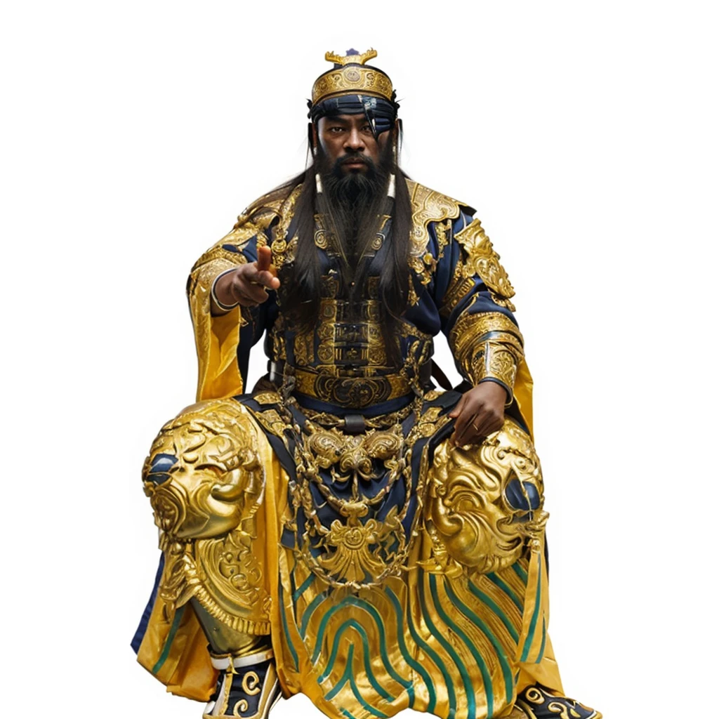 a black skin ancient chinese emperor, emperor rob, big eyes, thick eyebrow, holding a dark blue belt, taoist priest, long beard, empty forehead, bald