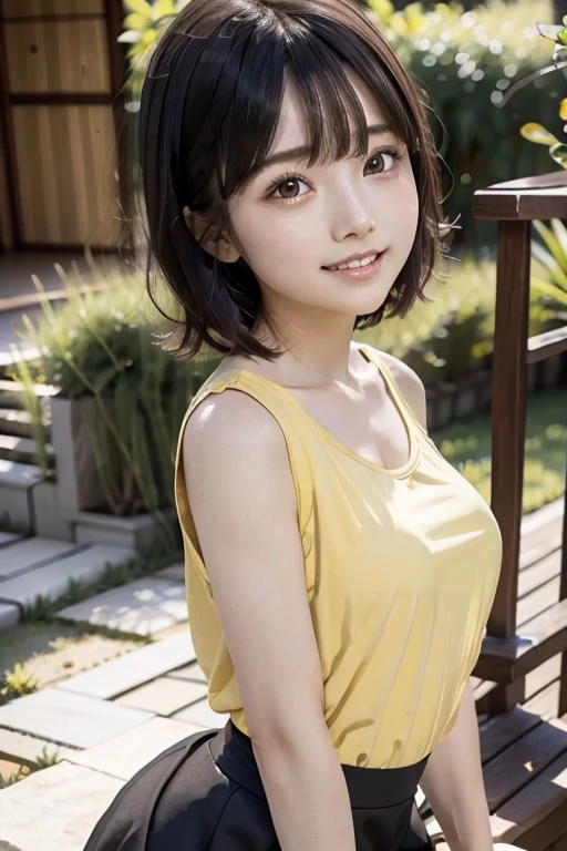 (8k, top quality, high definition, the best masterpiece, bright lighting, smooth professional lighting, face light, childish face, 15 years old, small breasts, balance carefully, camera gaze, big eyes, bilateral symmetrical eyes, laugh showing teeth, realistic skin, hydrated skin, perfect model body type, photorealistic, raw photo, japan girl, super cute, upper body Images, front pose), hair(black hair, short medium hair, black short medium hair), (fashion (black blouse, cute yellow, blue skirt))