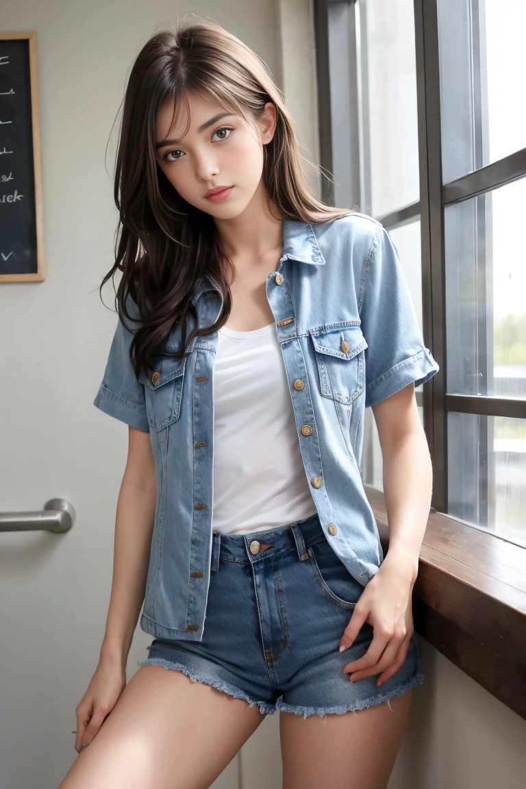 une femmes brunette de 18 ans sexy et mince , short sleeve veste en jean , salle de classe, se touche,position sey,sensuel