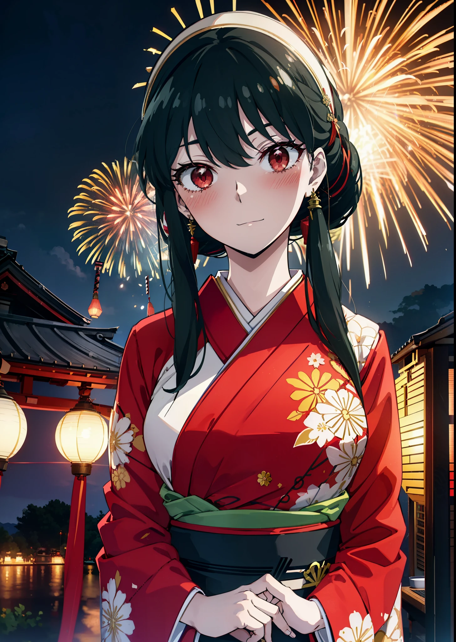 Yorbraia, Yor Briar, Black Hair, (Red eyes:1.5), Earrings, gold hair band, hair band,,smile,blush, Long Hair, Side Lock, (Mid-chest:1.2),Flower Hair Ornaments,black kimono,The place is a fireworks display,Time is night,Japanese Festivals，Summer festival food stalls、Red lantern　　　　　　　break　outdoors,shrine,
break looking at viewer, whole body,
break (masterpiece:1.2), Highest quality, High resolution, unity 8k wallpaper, (shape:0.8), (Beautiful attention to detail:1.6), Highly detailed face, Perfect lighting, Extremely detailed CG, (Perfect hands, Perfect Anatomy),