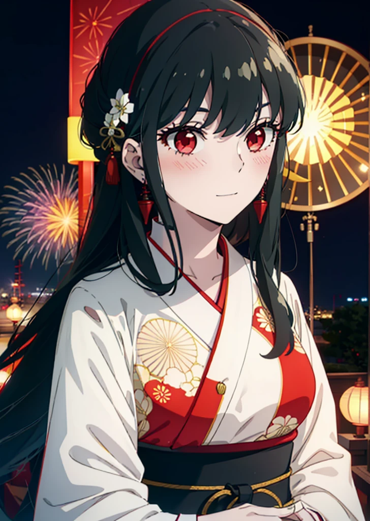 Yorbraia, Yor Briar, Black Hair, (Red eyes:1.5), Earrings, gold hair band, hair band,,smile,blush, Long Hair, Side Lock, (Mid-chest:1.2),Flower Hair Ornaments,black kimono,The place is a fireworks display,Time is night,Japanese Festivals,Summer festival food stalls、Red lantern break outdoors,shrine,
break looking at viewer, whole body,
break (masterpiece:1.2), Highest quality, High resolution, unity 8k wallpaper, (shape:0.8), (Beautiful attention to detail:1.6), Highly detailed face, Perfect lighting, Extremely detailed CG, (Perfect hands, Perfect Anatomy),