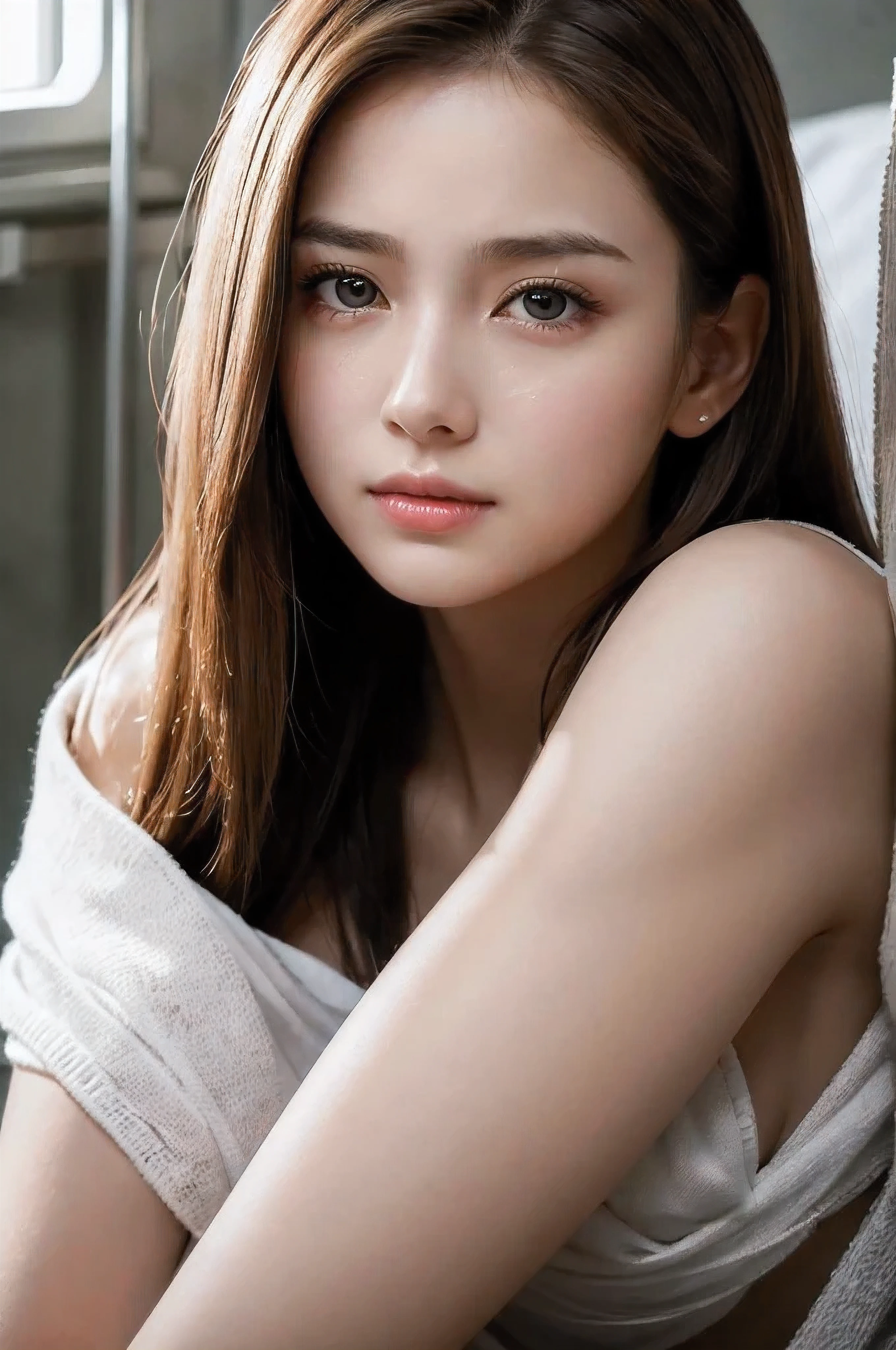 Here is the 8K masterpiece prompt:

A breathtaking 8K composition presents two contrasting scenes side-by-side within the same frame. The first half features a stunning portrait of a young woman with long, luscious brown hair styled in an elegant pulled-back hairstyle. Her warm brown eyes sparkle with a subtle smile, conveying gentle warmth as she gazes directly at the viewer. Delicate facial features and a refined face shape her captivating gaze, accentuated by a touch of sophisticated hair accessory. In sharp contrast, the second half of the frame depicts a woman lying in a hospital bed, her body wrapped in bandages and casts, tears streaming down her face as she contemplates her pain-filled reality.