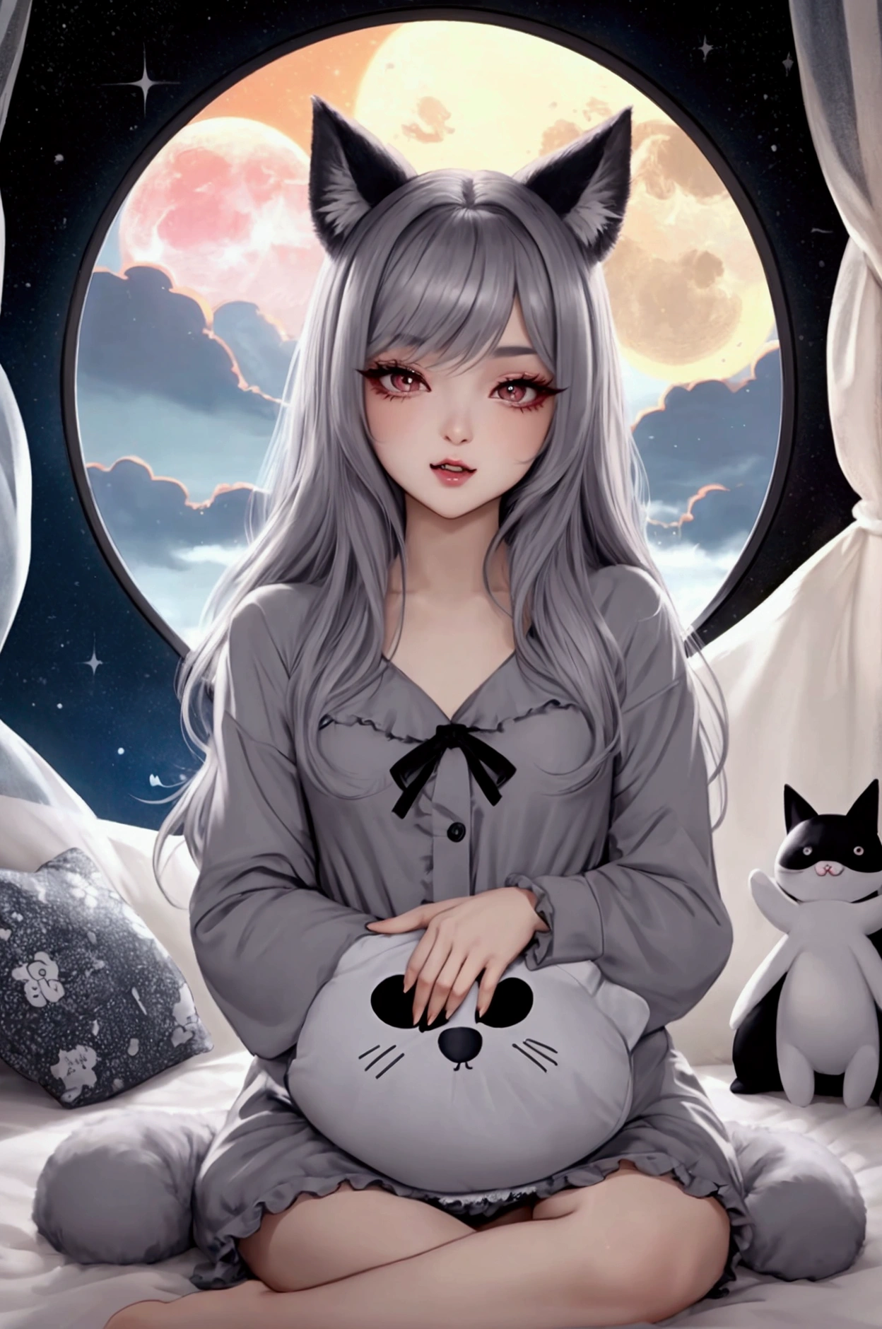 original character, Volumetric lighting, Best Shadow, Shallow depth of field, Portrait of an incredibly beautiful girl, , Delicate beautiful attractive face with seductive black eyes, Eyes half closed, sourThick eyelashes, yawn, Open your mouth, Cute Fangs, Beautiful small breasts, layered medium gray hair, Blush Eyeshadow, Thick eyelashes, Pajama Kigurumi Animal, In the attic of dreams, Sitting in a comfortable bed, with animal pillow, Beautiful duvet covers, Under the round window, A fantastic night sky seen from the window, moonlight, milky way, Starburst, (Highest quality, Amazing details:1.25), (only:1.3), Bright and colorful paints