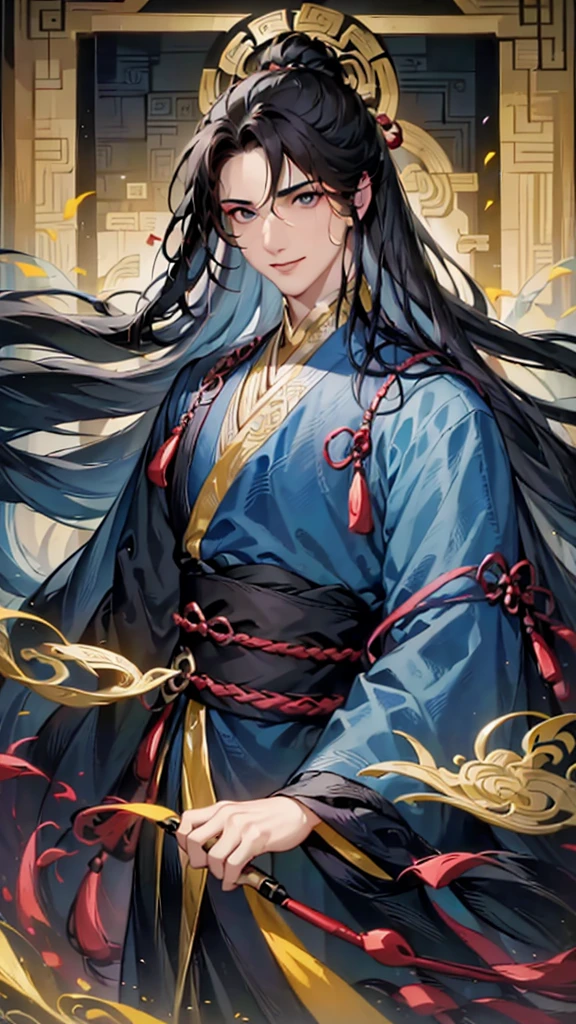 Photo of a 28-year-old man，Long black hair，Wearing a robe，Holding a fan, Flowing black hair，Black eyes and blue bamboo robe, A charming and handsome artistic guy,The handsome guy in the Demon Slayer Corps, He has long black hair,Long hair tied up，Wearing a simple blue robe，Holding a fan with bamboo painted on it, He smiled，Inspired by Wu Daozi, Inspired by Seki Dosheng, Inspired by Zhao Yuan, Inspired by Zhang Han , heise jinyao,, beautiful androgynous prince, Delicate hermaphroditic prince, Inspired by Zhao Yuan,《Genshin Impact》A clear close-up