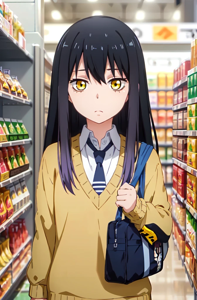 (extremely detailed CG unity 8k wallpaper), (masterpiece), (best quality), (ultra-detailed), (best illustration), (best shadow), (absurdres), 1girl, solo,  miko, 1girl, solo, long hair, yellow eyes, bag, , black hair, school bag, necktie, sweater, looking at viewer, multicolored hair, supermarket