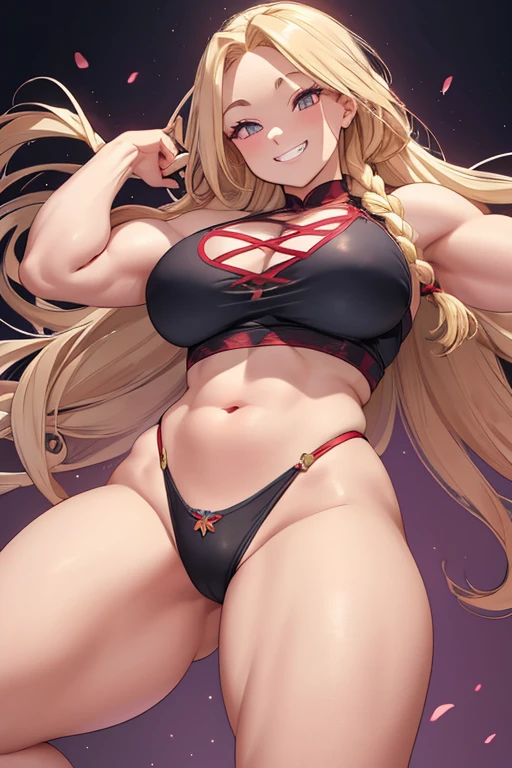 Realistic、masterpiece, 1house wife、blonde braided hair、red eyes, (eye focus:1.3,face focus),(Gradient eyes:1.3),open mouth,(grin:1.3),forehead,cute face、((Thick thighs、Beautiful thighs)), A condescending gaze on the viewer, Strong muscular Wrestler, レスリングスーツ