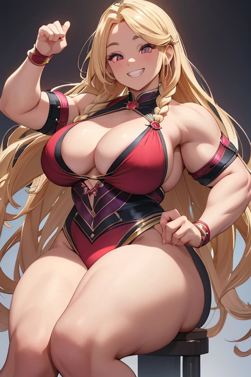 Realistic、masterpiece, 1house wife、blonde braided hair、red eyes, (eye focus:1.3,face focus),(Gradient eyes:1.3),open mouth,(grin:1.3),forehead,cute face、((Thick thighs、Beautiful thighs)), A condescending gaze on the viewer, Strong muscular Wrestler, レスリングスーツ