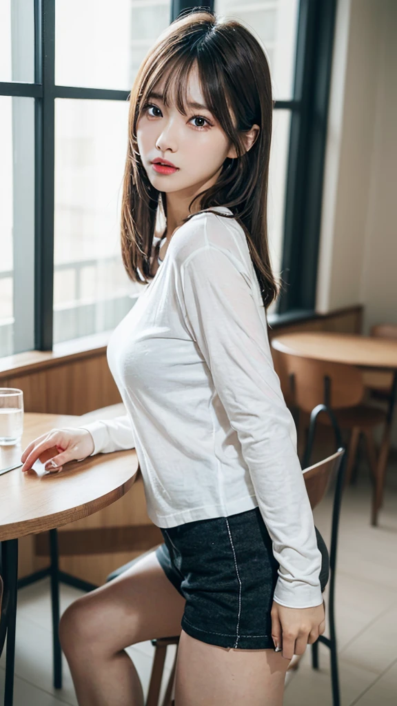 table top, best quality, illustration, very detailed, in detail, highest resolution, 8K wallpapers, Complete dynamic configuration, beautiful and delicate eyes, natural lip, Loose long-sleeve cropped t-shirt, Very short pants, smooth, long legs, big bust, split, random sexy poses, whole body