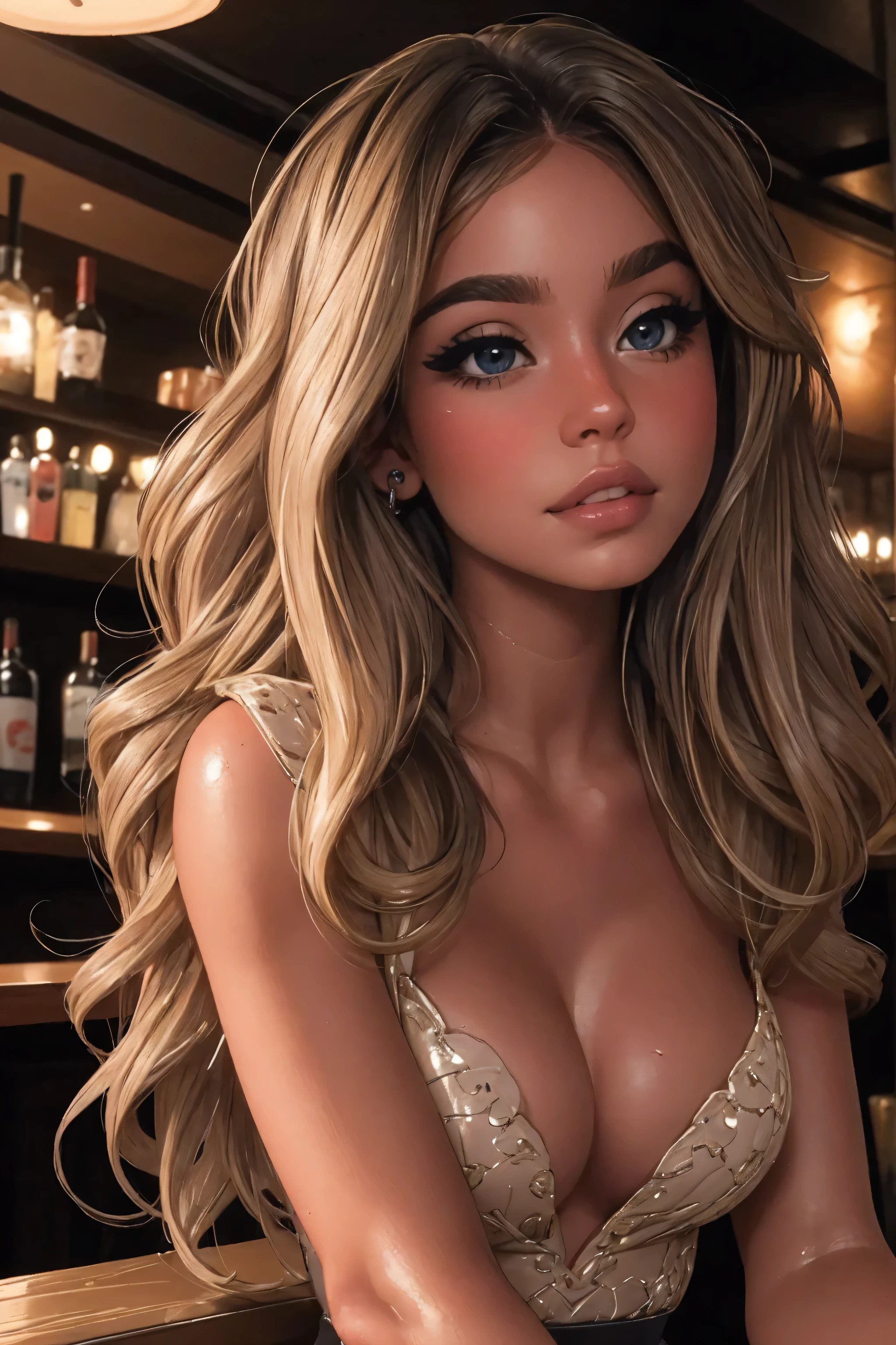 girl at a nightclub sitting at bar, eyeliner (masterpiece) (best quality) (detailed) (8k) (HDR) (wallpaper) (cinematic lighting) (sharp focus) (intricate) wavy blonde hair, biting lip, medium hair, slutty outfit, sexy, blush, aroused, cleavage, shiny , wet skin, girl, dark makeup, acting flirty, tucking hair behind ear