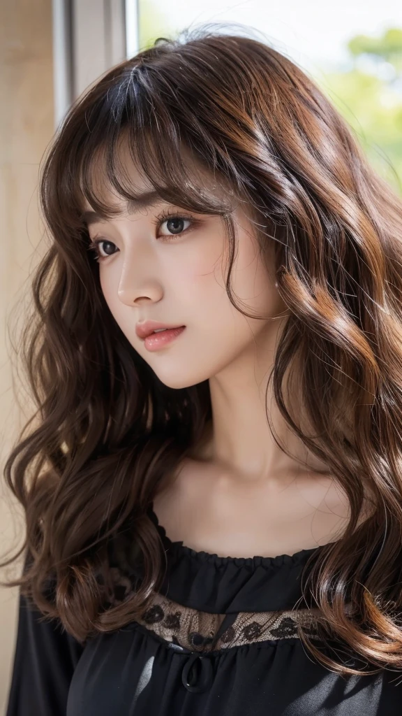 Realistic Light、Natural light、Highest quality、8K、32,000、masterpiece、uhd:1.2)、Korean women photos、Small eyes、코리안 Hippie Perm헤어、Dark Brown Hair、Upper Body、From above、Wavy Hair、profile、Long Hair、pair、Wet Hair、good hair、Layer cut hair、Perm Hair、Wave perm、Jelly Perm、Hippie Perm、Wavy Hair、Full hair、Wave Wave、Black blouse