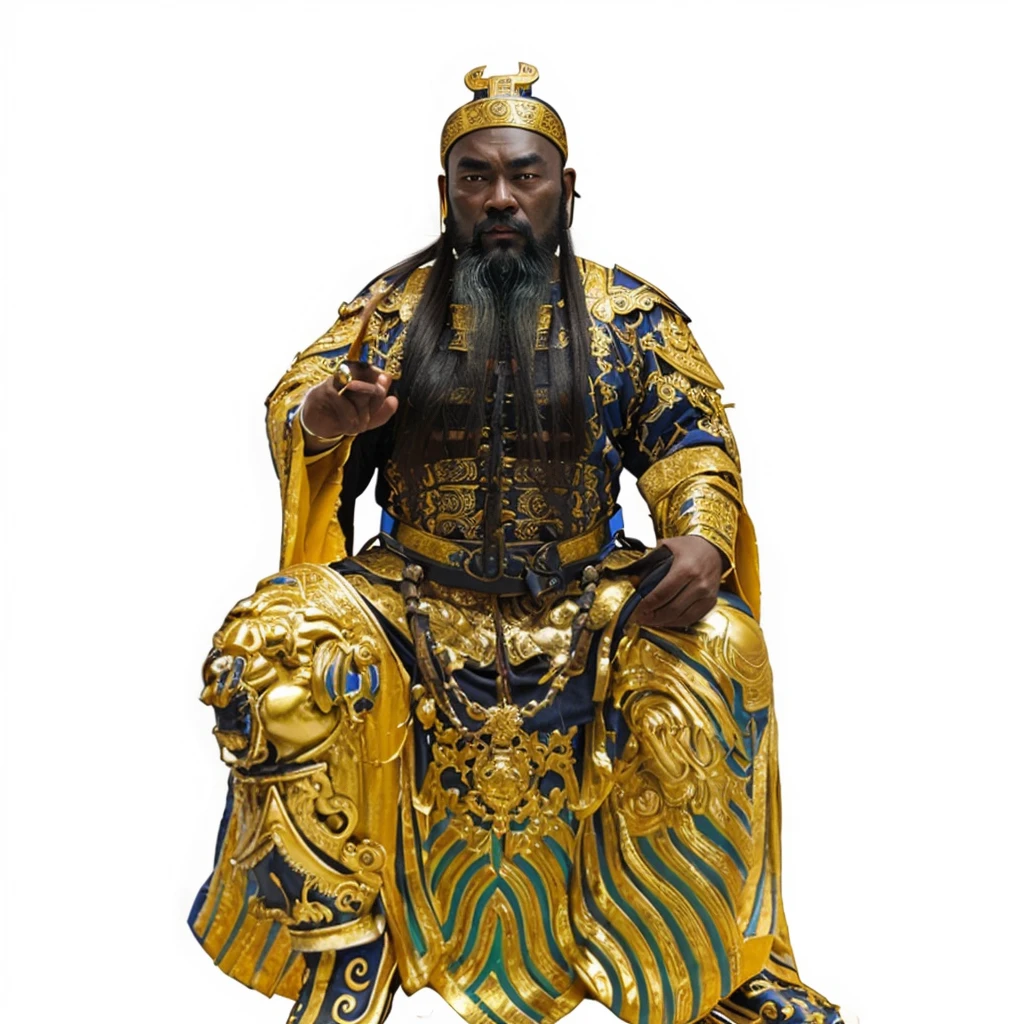 a black skin ancient chinese emperor, emperor rob, big eyes, thick eyebrow, holding a dark blue belt, taoist priest, long beard, empty forehead, bald