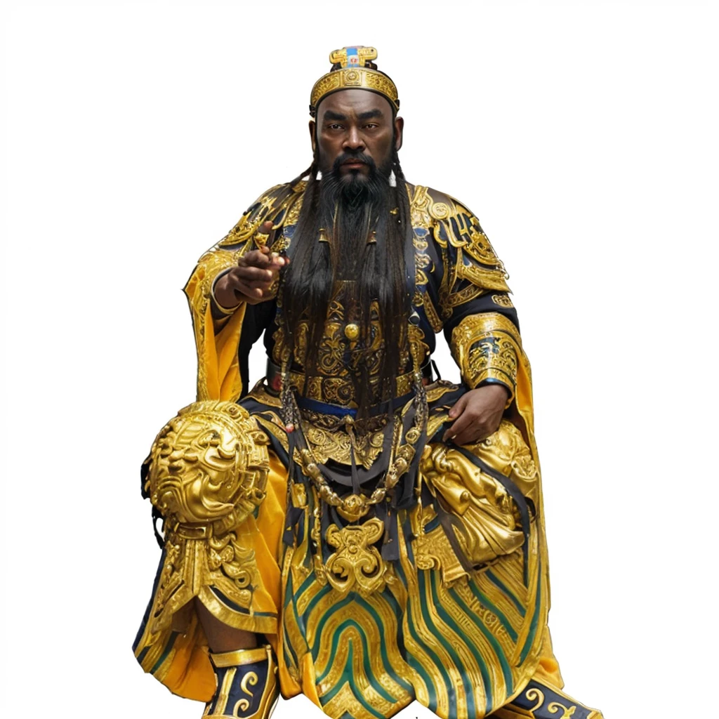 a black skin ancient chinese emperor, emperor rob, big eyes, thick eyebrow, holding a dark blue belt, taoist priest, long beard, empty forehead, bald