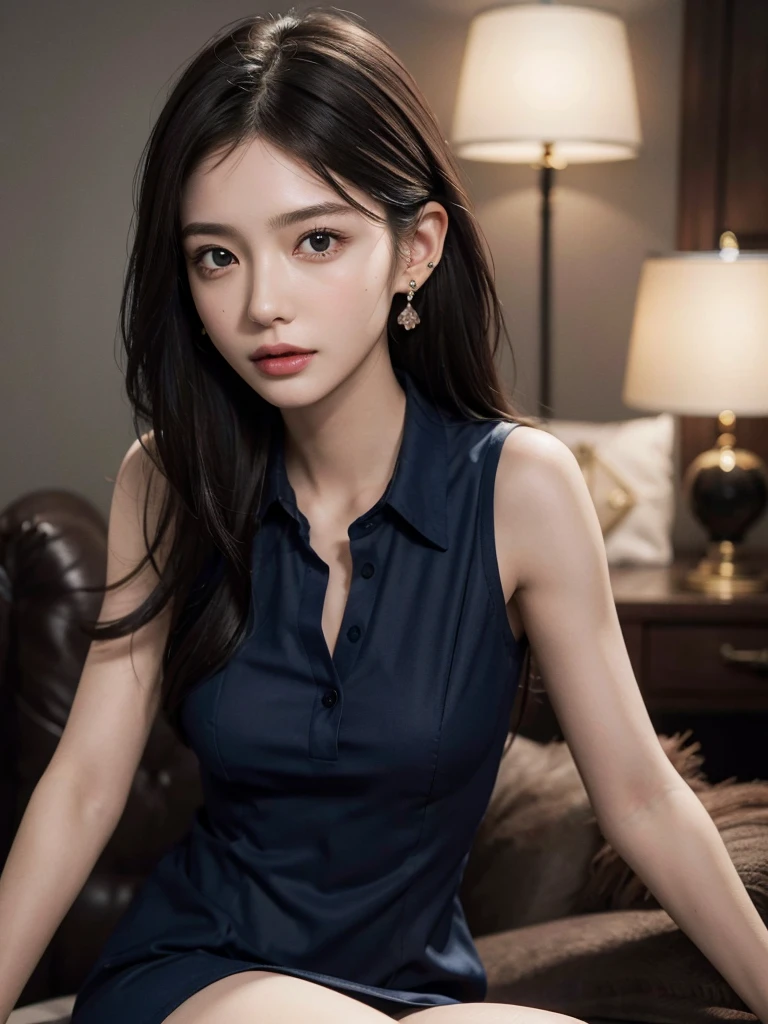 absurdres, RAW photo, extremely delicate and beautiful, masterpiece, Best Quality, ultra high resolution, 32k, hyperrealistic, ultra-detailed, perfect anatomy, anatomically correct, perfect figure, Perfect Style, Perfect balance, super Detailed skin, in her 30s, very Slim body, narrow waist, very small head, very small face, delicate facial features, handsome detailed woman, very detailed eyes and face, realistic face proportions, Realistic beautiful face, Realistic beautiful eyes, tearful mole, earring, huge round tits, (full body shot:1.2), whole legs, medium hair, dark blonde hair, asymmetrical hair, indoor, (collared navy shirt dress, sleeveless:1.2),