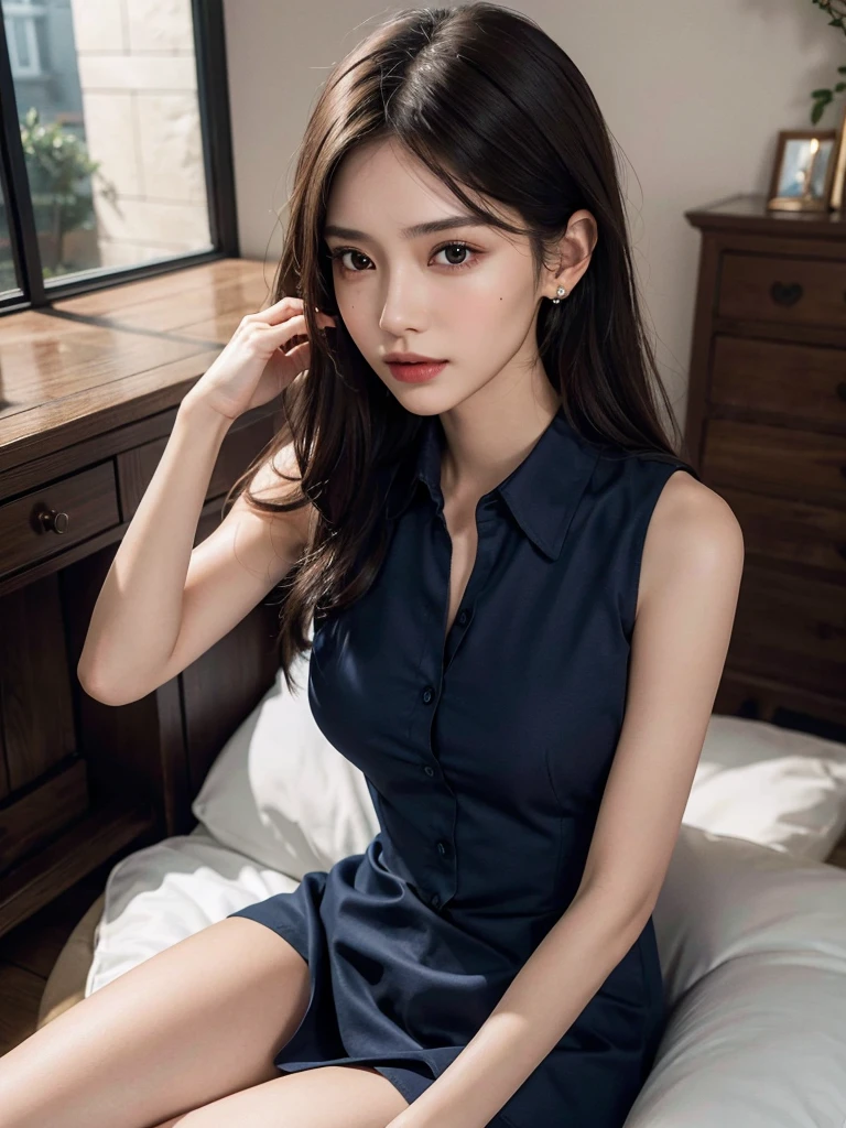absurdres, RAW photo, extremely delicate and beautiful, masterpiece, Best Quality, ultra high resolution, 32k, hyperrealistic, ultra-detailed, perfect anatomy, anatomically correct, perfect figure, Perfect Style, Perfect balance, super Detailed skin, in her 30s, very Slim body, narrow waist, very small head, very small face, delicate facial features, handsome detailed woman, very detailed eyes and face, realistic face proportions, Realistic beautiful face, Realistic beautiful eyes, tearful mole, earring, huge round tits, (full body shot:1.2), whole legs, medium hair, dark blonde hair, asymmetrical hair, indoor, (collared navy shirt dress, sleeveless:1.2),