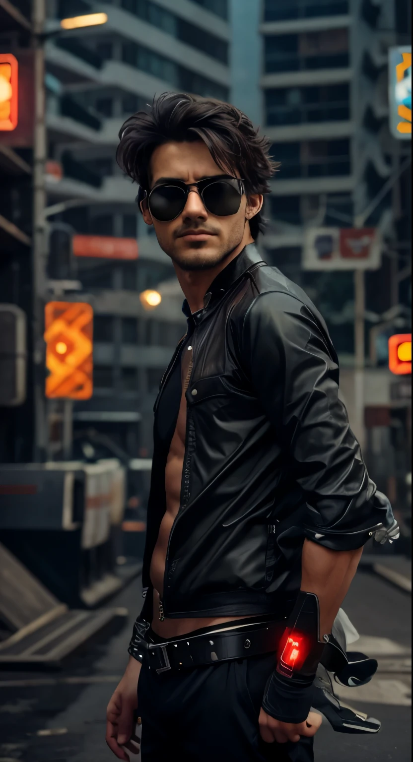 Change background cyberpunk handsome boy, realistic, face, 8k, ultra realistic, hend gun