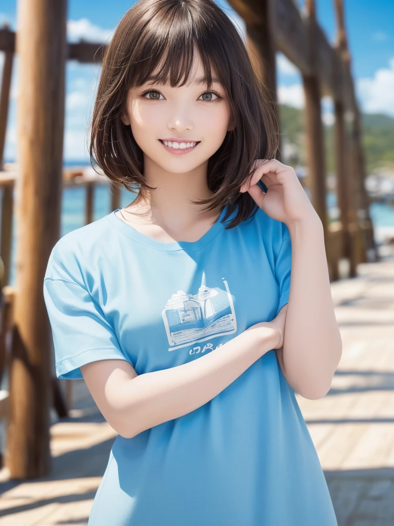 (Highest quality、8k、32K、masterpiece)、(Realistic)、(Realistic:1.2)、(High resolution)、Very detailed、Very beautiful face and eyes、1 girl、Round and small face、Tight waist、Delicate body、(Highest quality、Attention to detail、Rich skin detail)、(Realistic、Realistic:1.37)、Bright colors、(((One female)))、(((Cowboy Shot)))、(((Wide blue sky)))、(((Medium Hair)))、(((Fair skin)))、(((seaside resorts)))、(((smile)))、(((Teeth are visible)))、(((Wear a T-shirt)))、(((Touch your chin with your right hand)))、(((Light blue T-shirt)))、(((Clothes with English print)))、(((I can see the horizon)))