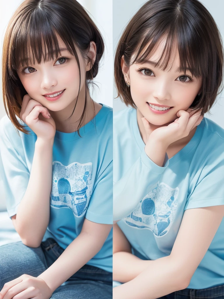 (Highest quality、8k、32K、masterpiece)、(Realistic)、(Realistic:1.2)、(High resolution)、Very detailed、Very beautiful face and eyes、1 girl、Round and small face、Tight waist、Delicate body、(Highest quality、Attention to detail、Rich skin detail)、(Realistic、Realistic:1.37)、Bright colors、(((One female)))、(((Cowboy Shot)))、(((Wide blue sky)))、(((Medium Hair)))、(((Fair skin)))、(((seaside resorts)))、(((smile)))、(((Teeth are visible)))、(((Wear a T-shirt)))、(((Touch your chin with your right hand)))、(((Light blue T-shirt)))、(((Clothes with English print)))、(((I can see the horizon)))