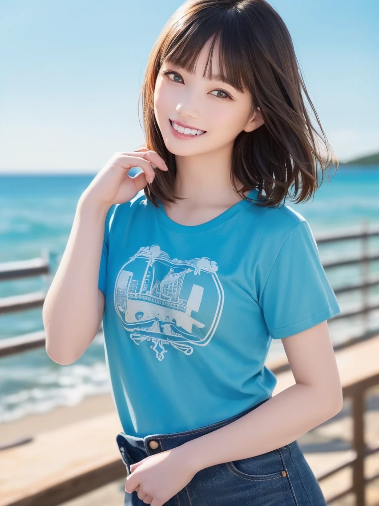 (Highest quality、8k、32K、masterpiece)、(Realistic)、(Realistic:1.2)、(High resolution)、Very detailed、Very beautiful face and eyes、1 girl、Round and small face、Tight waist、Delicate body、(Highest quality、Attention to detail、Rich skin detail)、(Realistic、Realistic:1.37)、Bright colors、(((One female)))、(((Cowboy Shot)))、(((Wide blue sky)))、(((Medium Hair)))、(((Fair skin)))、(((seaside resorts)))、(((smile)))、(((Teeth are visible)))、(((Wear a T-shirt)))、(((Touch your chin with your right hand)))、(((Light blue T-shirt)))、(((Clothes with English print)))、(((I can see the horizon)))
