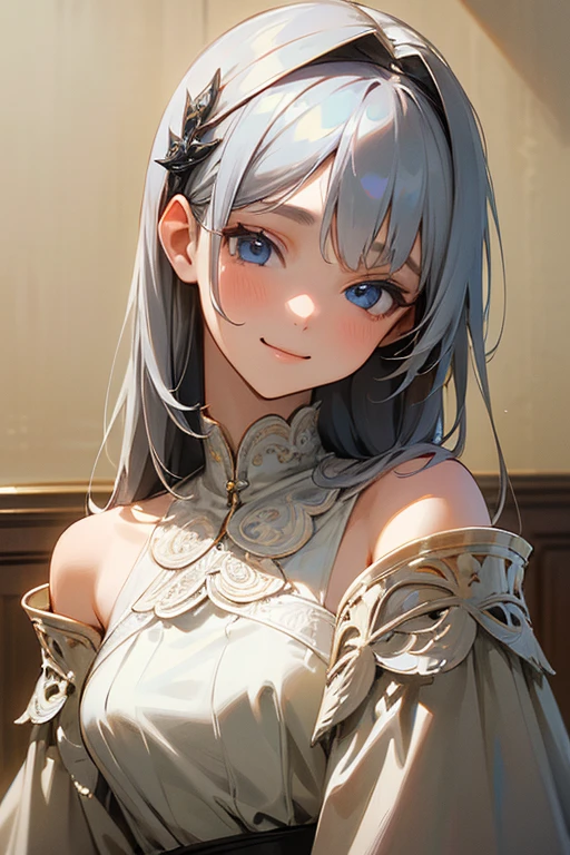 (masterpiece: 1.2, Highest quality), (Actual Photos, Intricate details), 1. woman, alone, Upper Body, casual, Shoulder-length hair, Minimal makeup, Natural materials, Face close-up, smile, Home, Gray Hair, blue eyes, Shoulder Bare、優しいsmile、the face remains the same、gorgeous hair accessory、