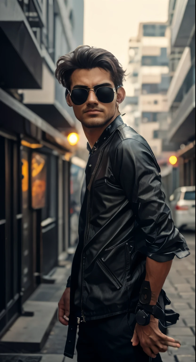 Change background cyberpunk handsome boy, realistic, face, 8k, ultra realistic, hend gun