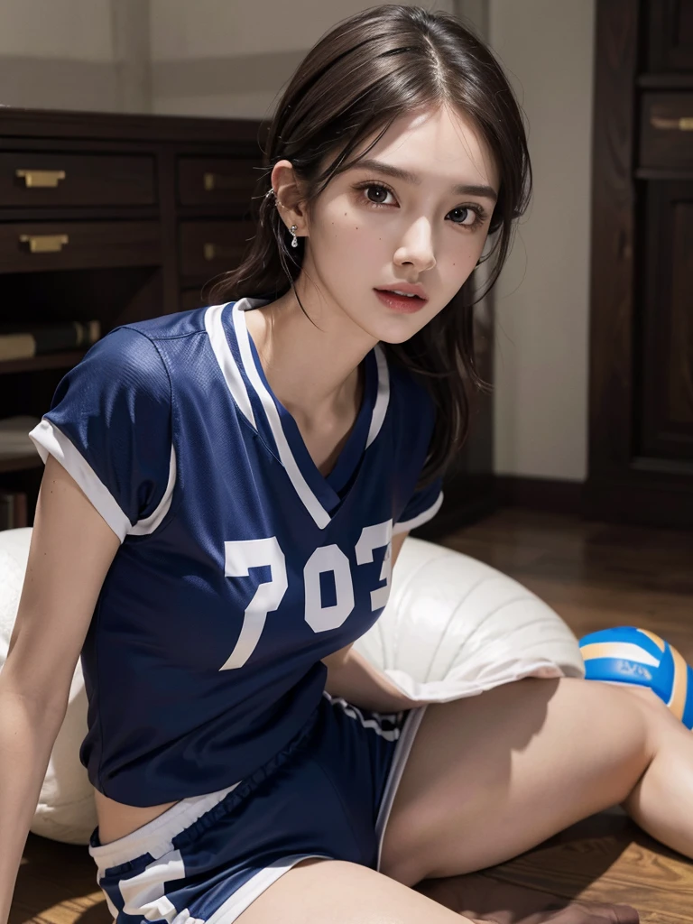 absurdres, RAW photo, extremely delicate and beautiful, masterpiece, Best Quality, ultra high resolution, 32k, hyperrealistic, ultra-detailed, perfect anatomy, anatomically correct, perfect figure, Perfect Style, Perfect balance, super Detailed skin, in her 30s, very Slim body, narrow waist, very small head, very small face, delicate facial features, handsome detailed woman, very detailed eyes and face, realistic face proportions, Realistic beautiful face, Realistic beautiful eyes, tearful mole, earring, huge round tits, full body shot, whole legs, medium hair, dark blonde hair, asymmetrical hair, indoor, (volleyball Jersey:1.2), shorts,