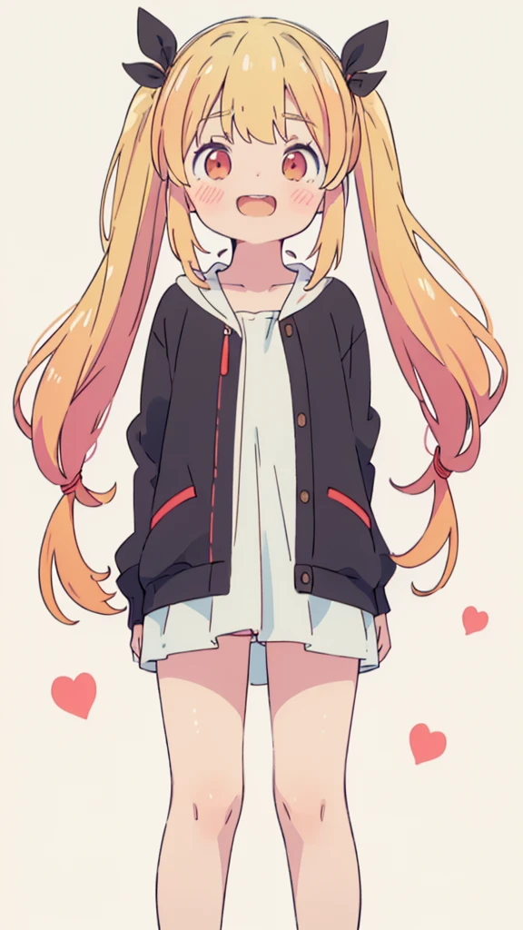 ((masterpiece))((Highest quality))girl、Laughing with your mouth open、blush、Flat Chest、Are thin、Blonde Hair、blush、Are standing、Whole body image、Eye level on face、、No background、Hair is two colors、Twin tails、Red Eyes、Two-tone red and yellow hair、Completely naked、Greeting with pussy、