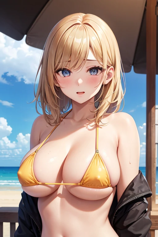 One Woman, Highest quality, masterpiece, Super Resolution, Large , Micro Bikini, Idol, Beauty, Underboob, Sideboob, Beach, from the front, Cleavagigh resolution eyes, High-resolution contours, Mature Woman, M Woman, Adult charm, 大人のsex appeal, Forehead visible, Stylish, Sexy expression, Moth Highly detailed eyes, blush, Droopy eyes, High resolution face, Blonde, deck, sexy, High resolution brts, Ultra HD, Open you, model, Emphasize the chest, Upper Body, sex appeal, Super erect nipples,