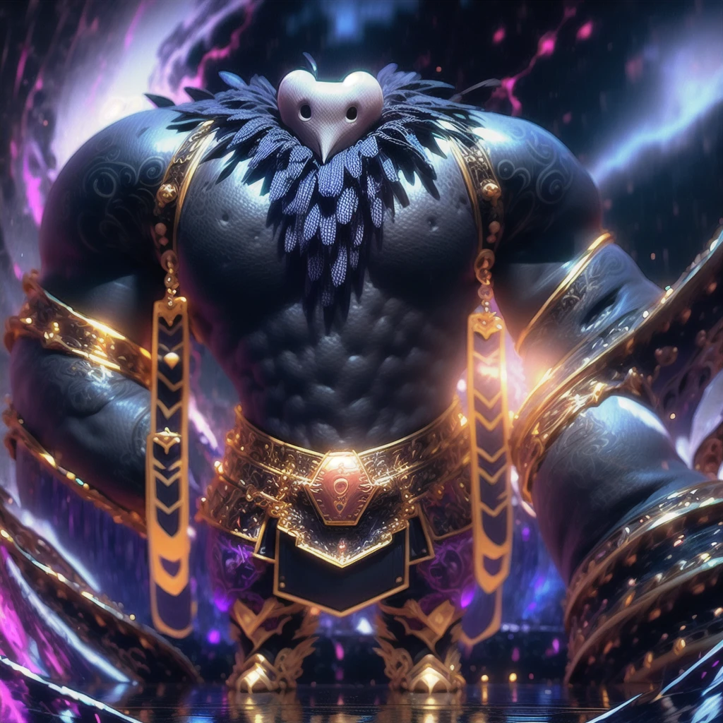 Full body view, a gigantic, colossal divine creature, dark blue fur around the neck, white heart-shaped mask, horns extending back, dressed in gold armor with hearts as a symbol, elephant feet, creative writing tattoo ancient, fluorescent tattoo