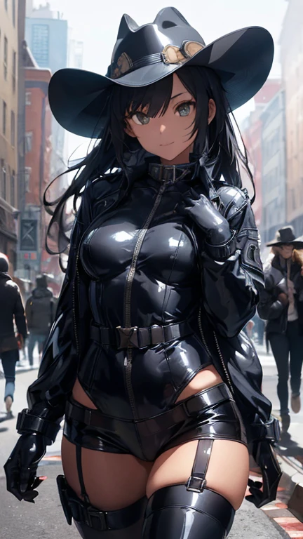 a cyber girl, with furry latex suit, technological armor, Trench coat, and cowboy hat, He is wearing a revolver holster, sexy pose sensual look at the camera